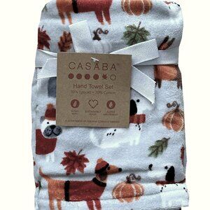 Casaba 2 Pc Hand Towel Set Fall Autumn Dogs Pumpkins Leaves Cotton Blend NWT